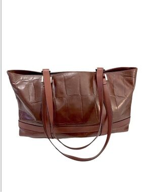 Falor Croc Embossed Two Tone Brown Leather Italy Two Handle Tote Bag Purse